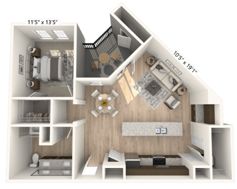 Floor plan for 1 bed, 1 bath, 872 sqft